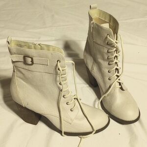 Diba White Faux Leather Lace Up Heeled Boots
